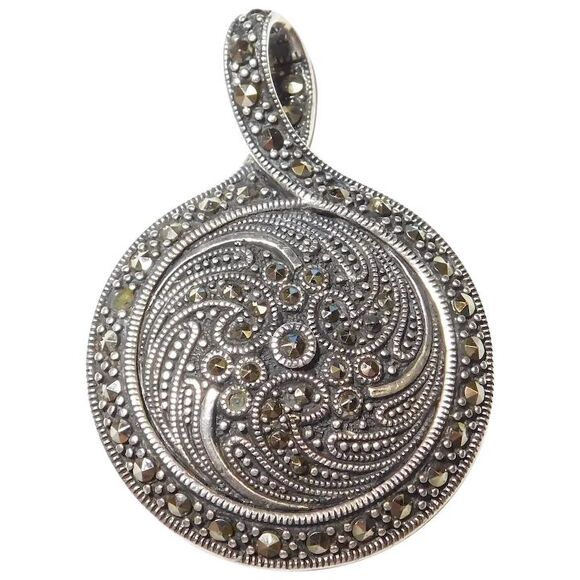 Vintage 925 Silver Marcasite Black Onyx Reversible Pendant Necklace - Picture 4 of 6